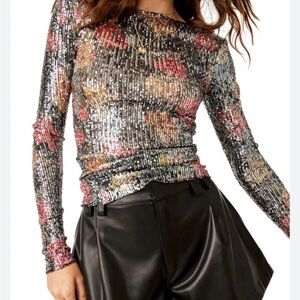Free People Gold Rush Pink Sequin Long Sleeve Top Midnight Combo